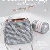 A gray hand-knitted yarn bag with a chain strap is shown next to a ball of matching yarn.