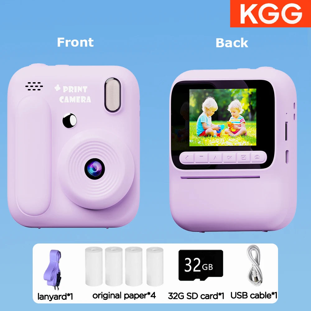 Front and back views of a pink instant print camera showing the device, paper, and accessories.