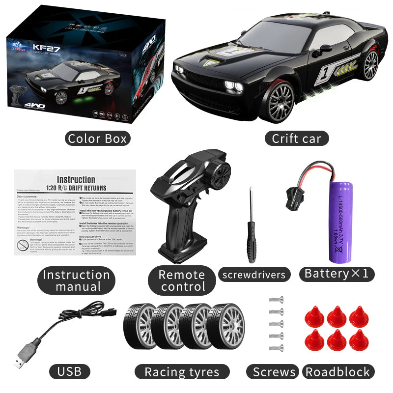 A black high-speed 4WD drift RC car with its remote control, accessories, and instruction manual.