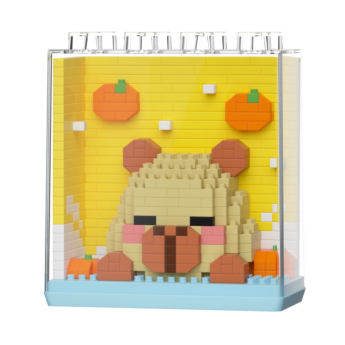 A set of adorable panda micro building blocks displayed in a clear box against a yellow brick background.