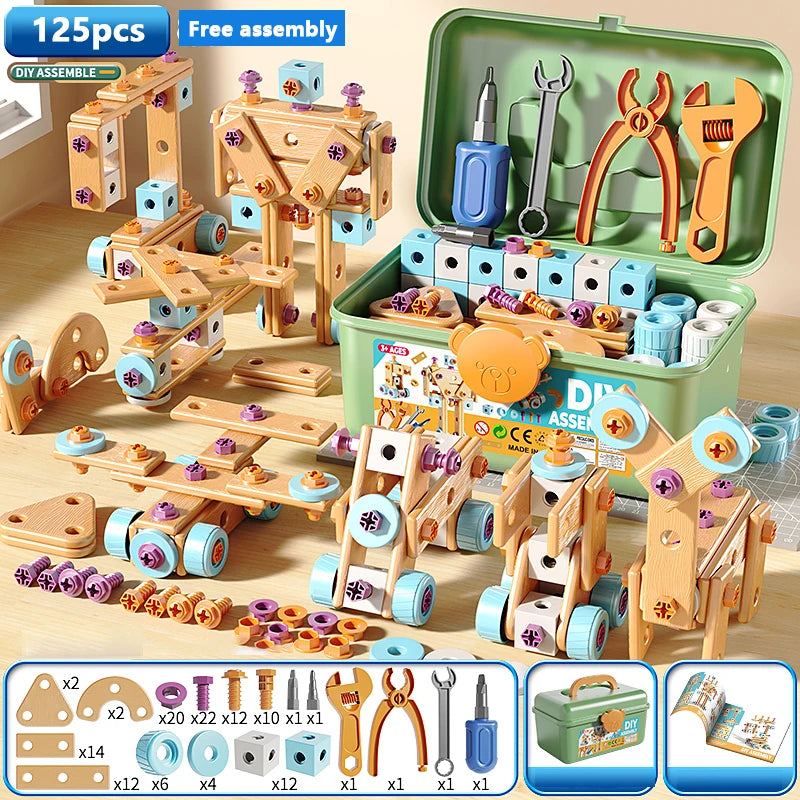 A set of wooden nut hand disassembly puzzles for kids showing various components and tools.