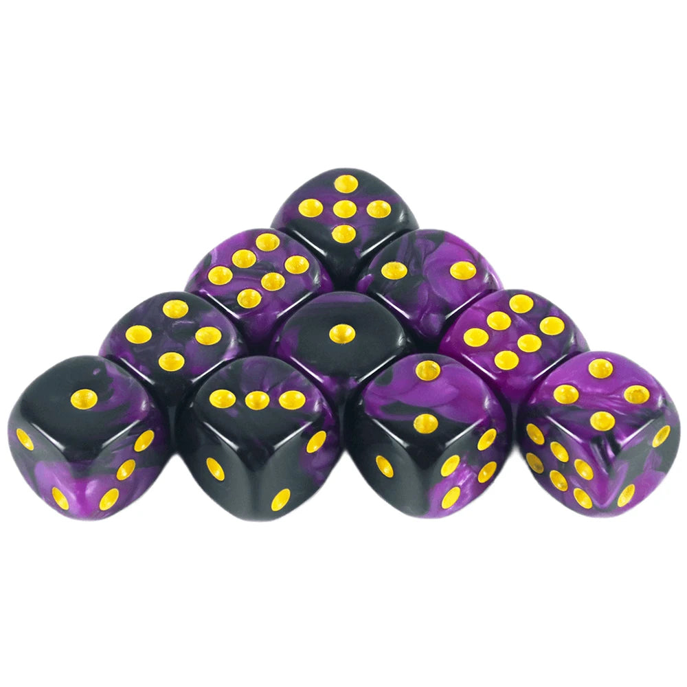 A set of ten colorful purple and gold dice with a storage tube.