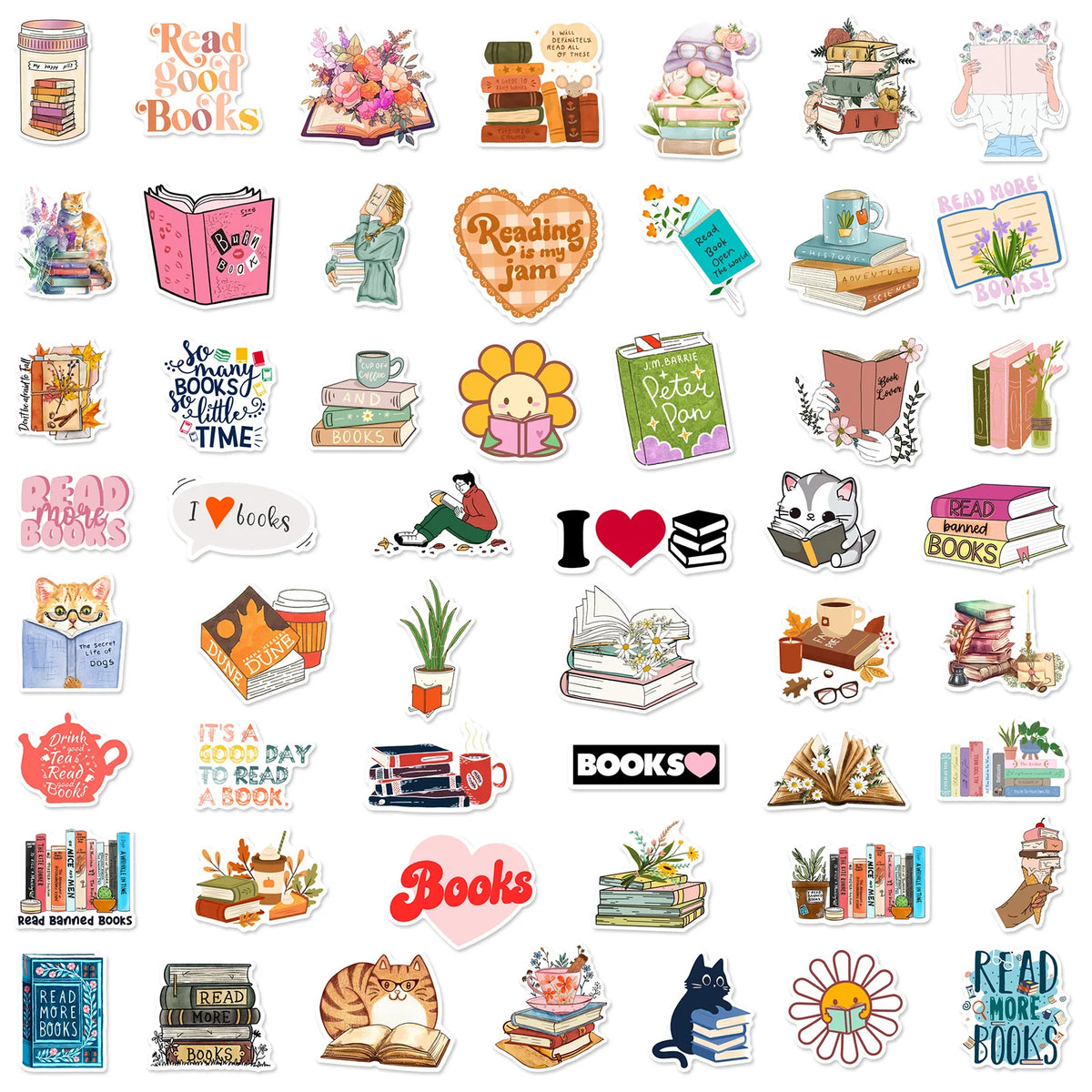 A collection of kawaii bookish romance stickers featuring various books, characters, and themed elements for journaling and s