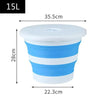 A white and blue collapsible bucket with a lid shown in a side view.