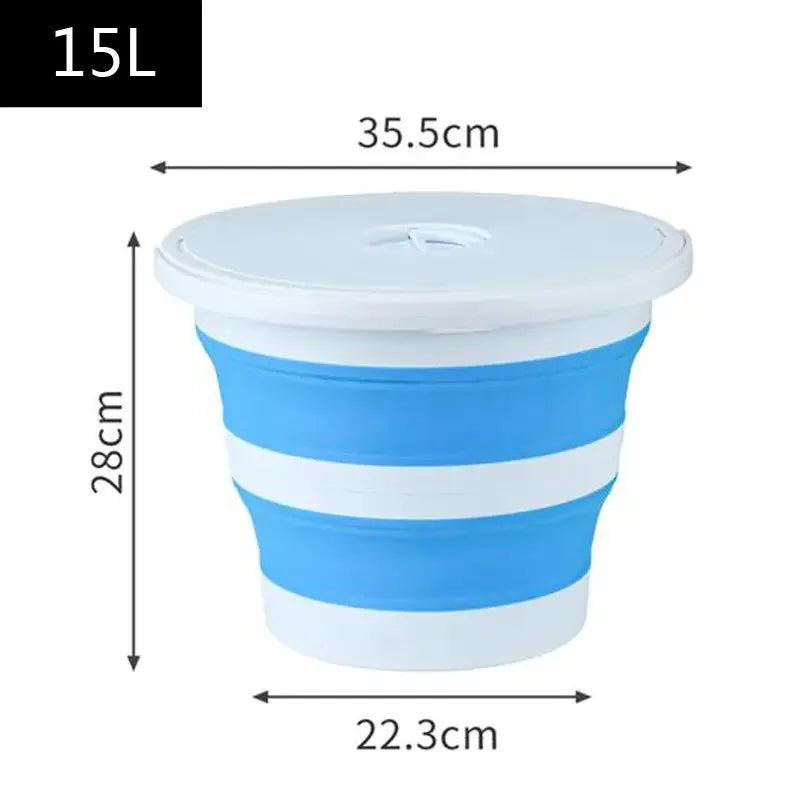 A white and blue collapsible bucket with a lid shown in a side view.