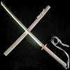 A white luminous anime katana with an LED blade is displayed diagonally against a dark background.