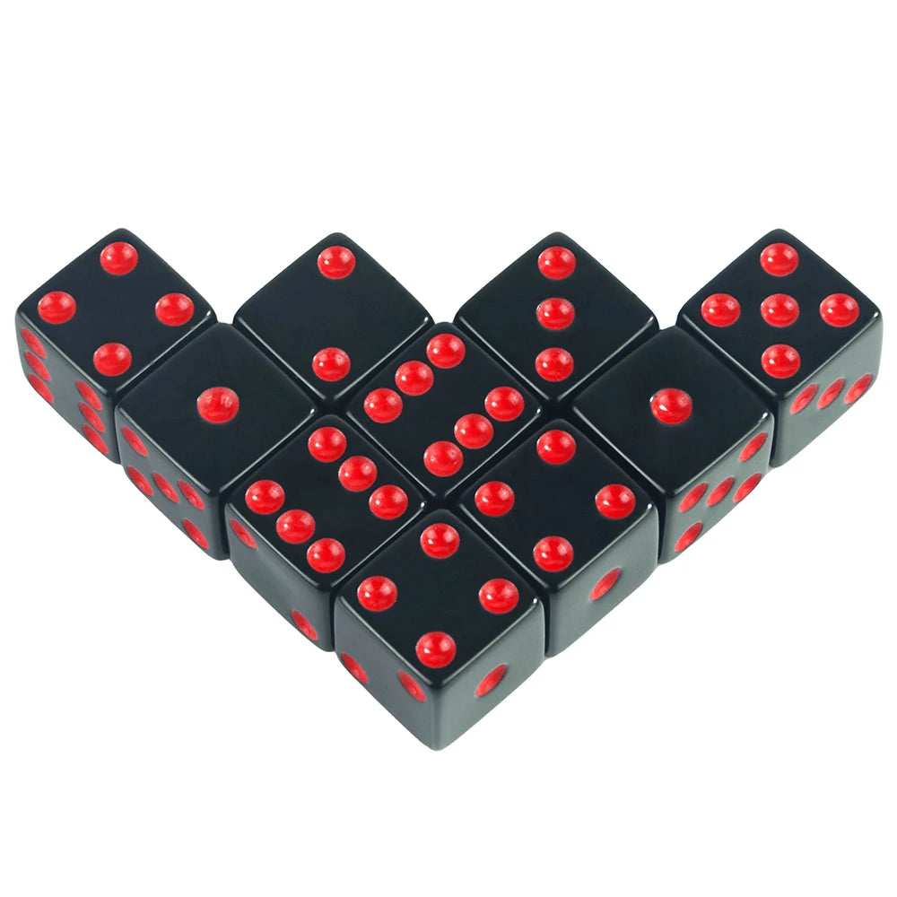 A set of ten vibrant red and black acrylic D6 dice for board games and RPGs