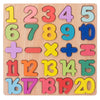 A wooden geometric shape sorter puzzle featuring colorful numbers and shapes for toddlers.