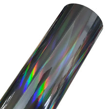 A roll of holographic chrome vinyl wrap featuring a rainbow iridescent finish.