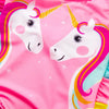 Pink and white unicorn one-piece swimsuit featuring a rainbow mane design.