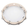 A light wood tambourine with metal bells, viewed from above.