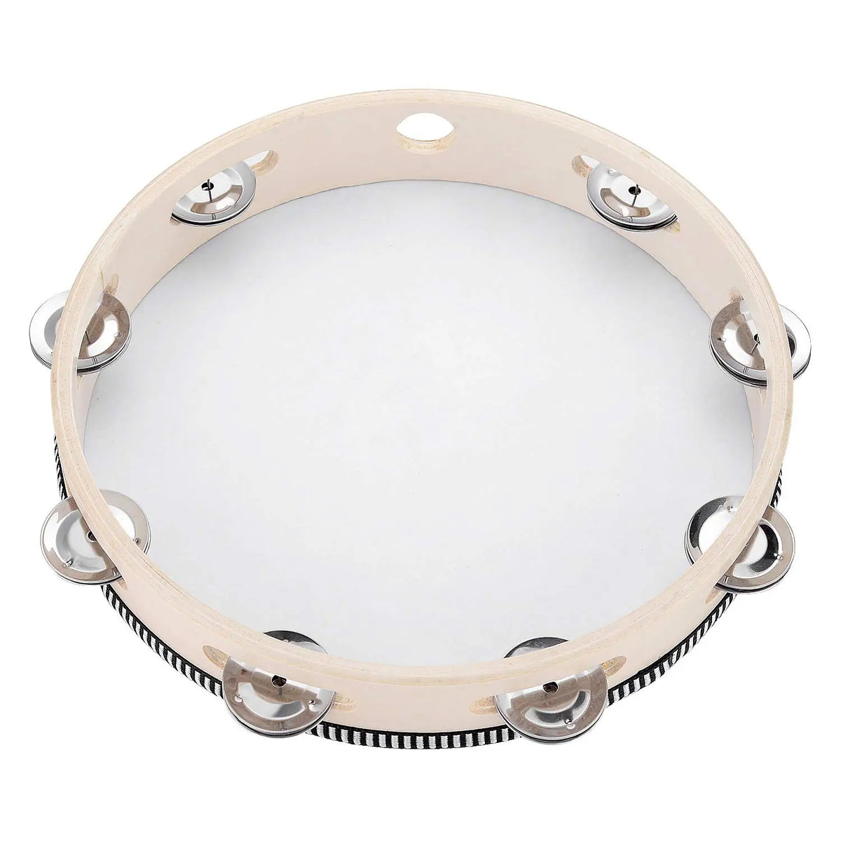 A light wood tambourine with metal bells, viewed from above.