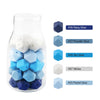 A clear glass bottle filled with various hexagonal silicone beads in shades of blue and white, with color codes listed beside