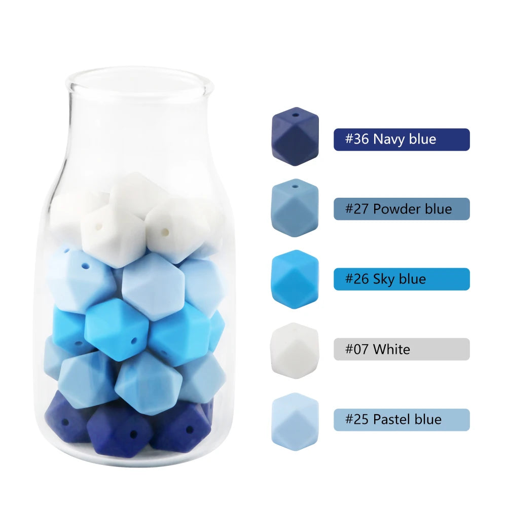 A clear glass bottle filled with various hexagonal silicone beads in shades of blue and white, with color codes listed beside