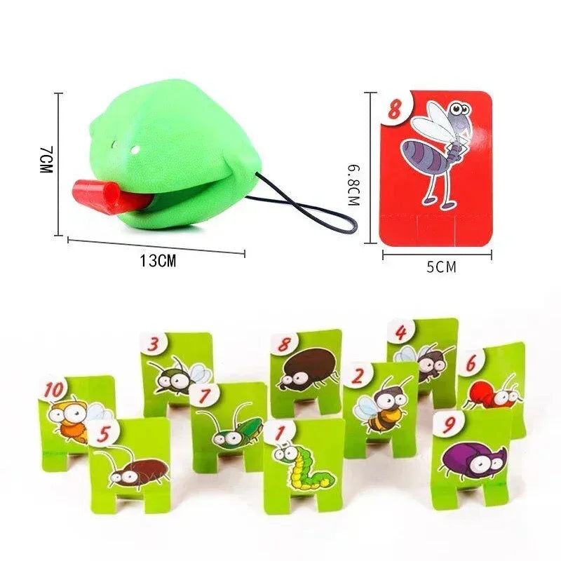 A set of colorful frog mask tongue-catching cards for a family party game featuring various animal designs.