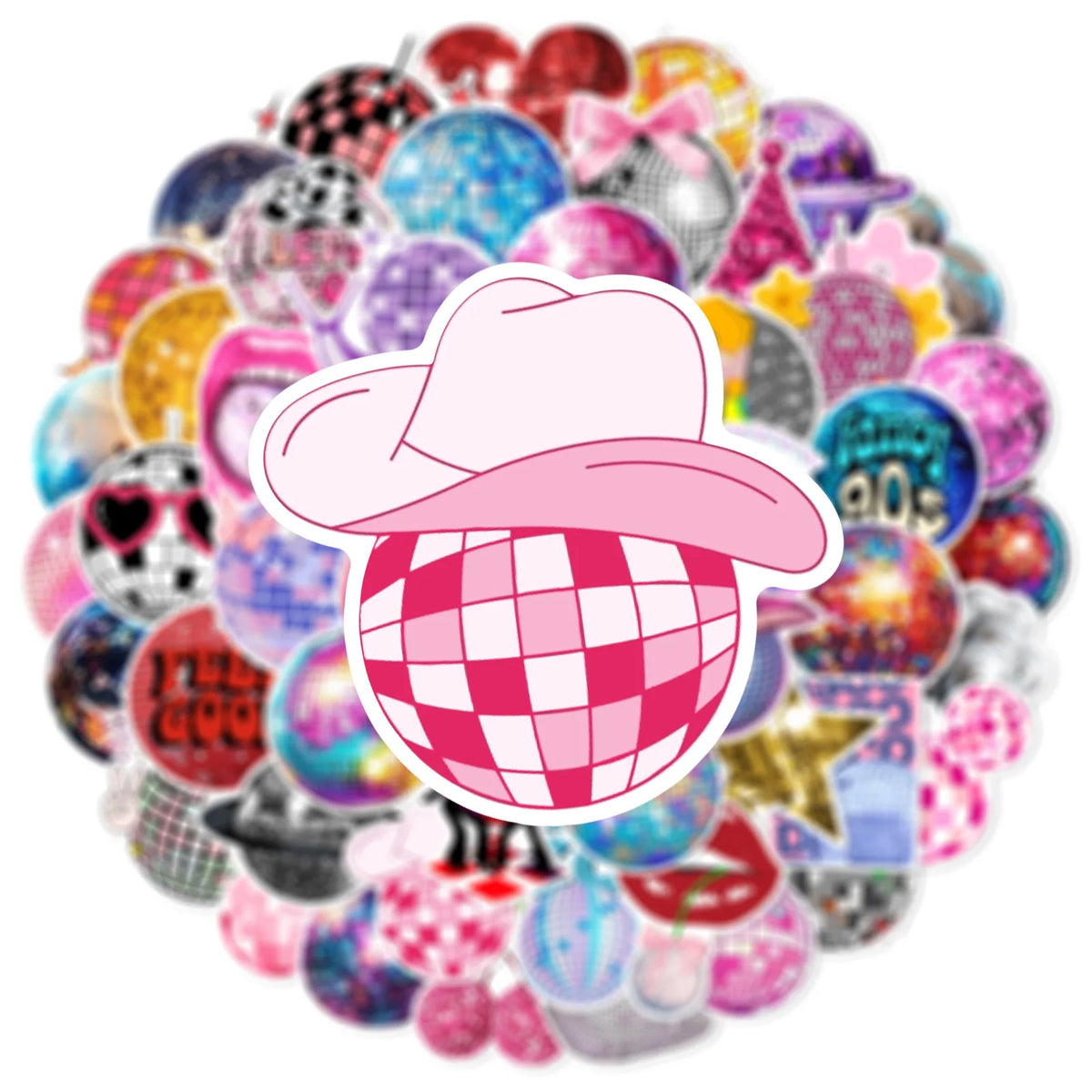 A colorful collage of disco and graffiti-themed stickers on a white background.