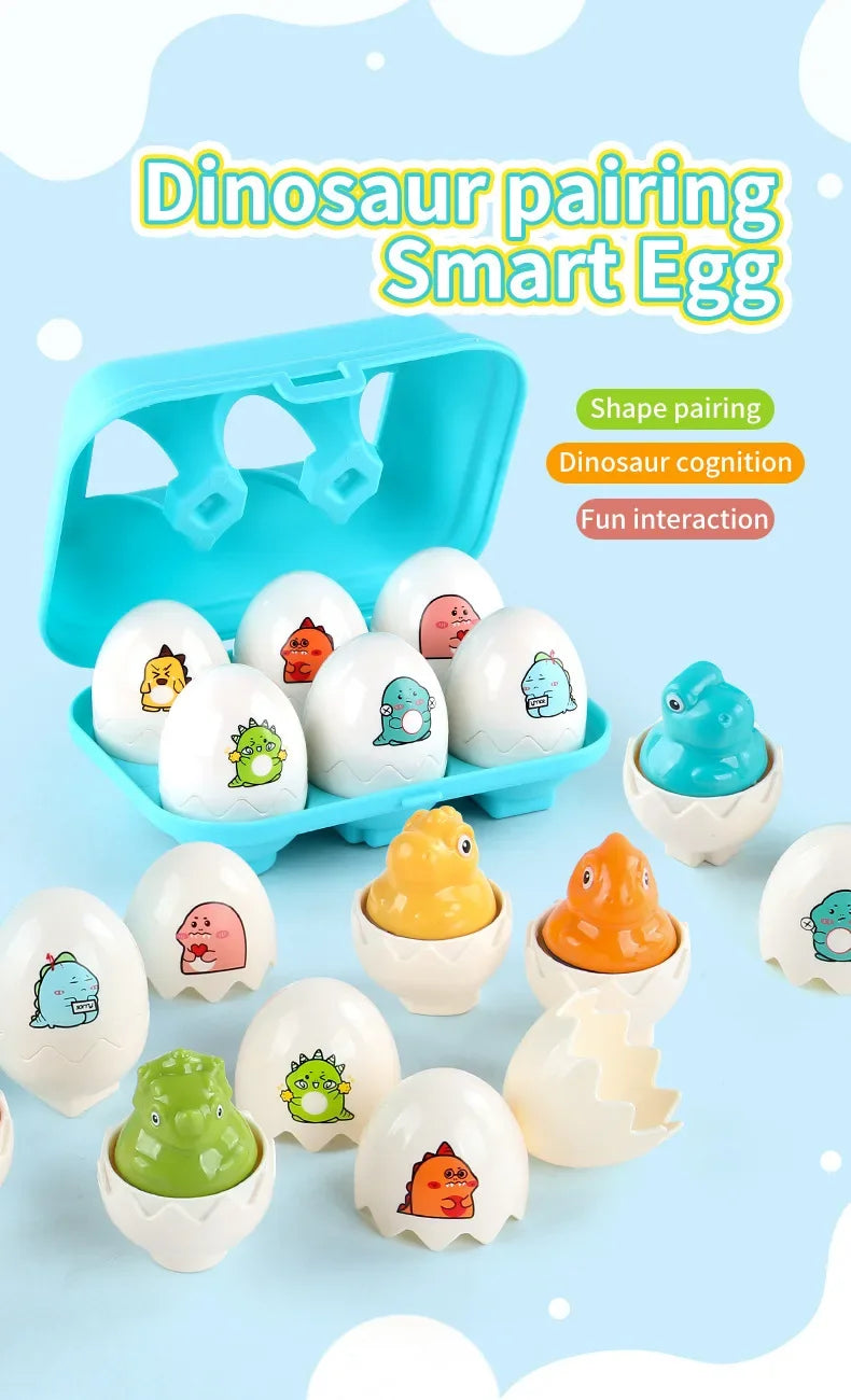 A set of dinosaur pairing smart eggs showing various dinosaurs in different colors and shapes for fun interaction