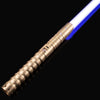 A close-up view of a heavy dueling lightsaber with a gold hilt and a blue blade against a black background.