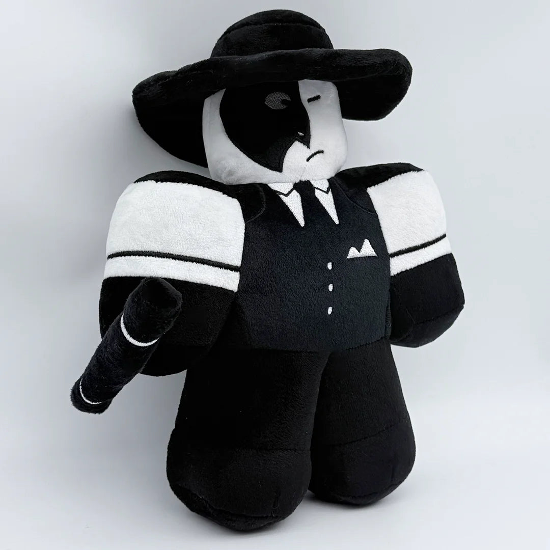 A black and white plush rabbit stuffed toy with a wide-brimmed hat and a collared shirt.