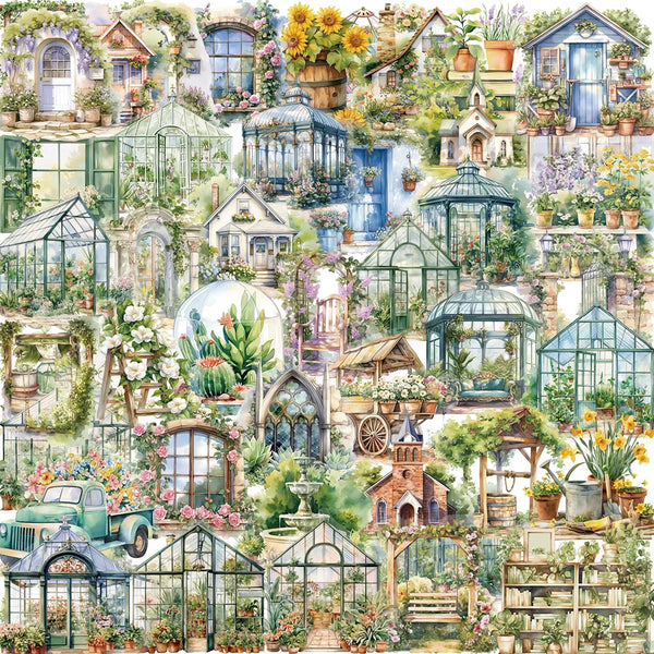 A detailed illustration of a lush garden featuring various greenhouses, potted plants, and rustic architecture.