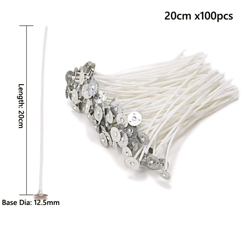 A bundle of 100 pre-waxed cotton candle wicks with metal sustainer tabs, showing the length and base diameter.