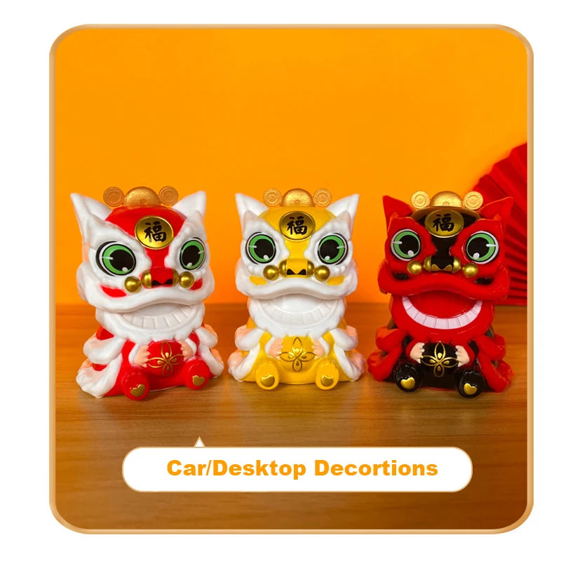 Three solar-powered shaking head lion figurines with red and gold accents for car or desktop decoration
