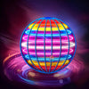 A vibrant, iridescent sphere of light with glowing colored bands is depicted against a dark background.