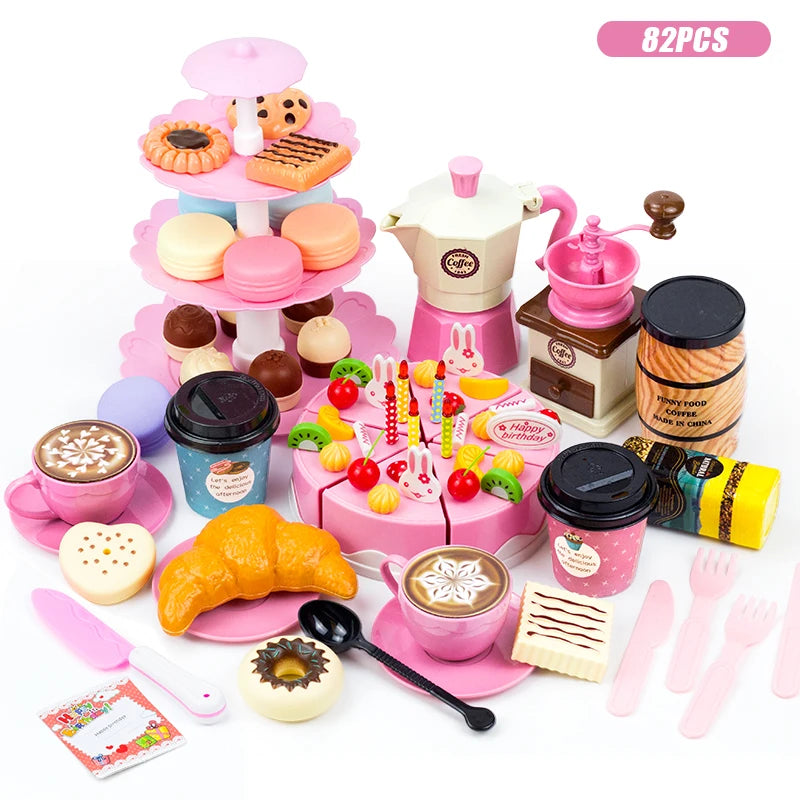 A pink pretend play tea party set featuring various food items like cakes, cookies, and cups for children.