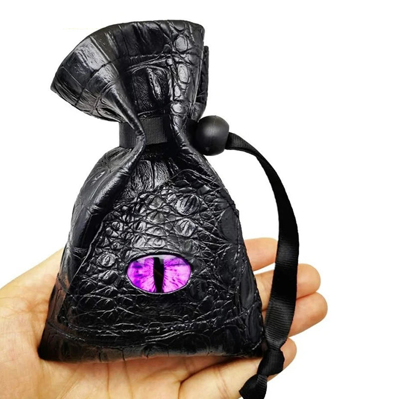 A black PU leather drawstring dice bag with an organizer compartment and a purple gemstone visible inside.