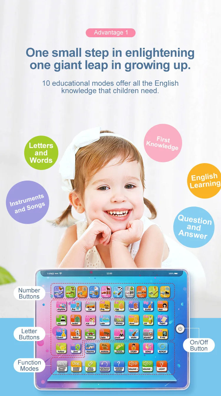 A young girl smiles while interacting with an educational tablet displaying letters, numbers, and buttons for learning.