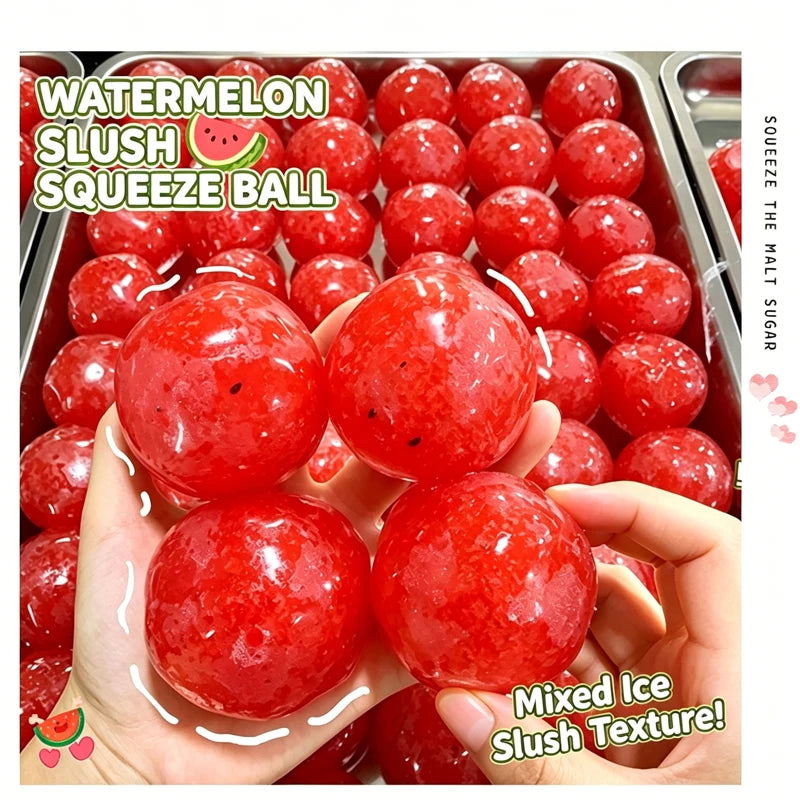 A hand holds a red watermelon slush squeeze ball product with a mixed ice slush texture.