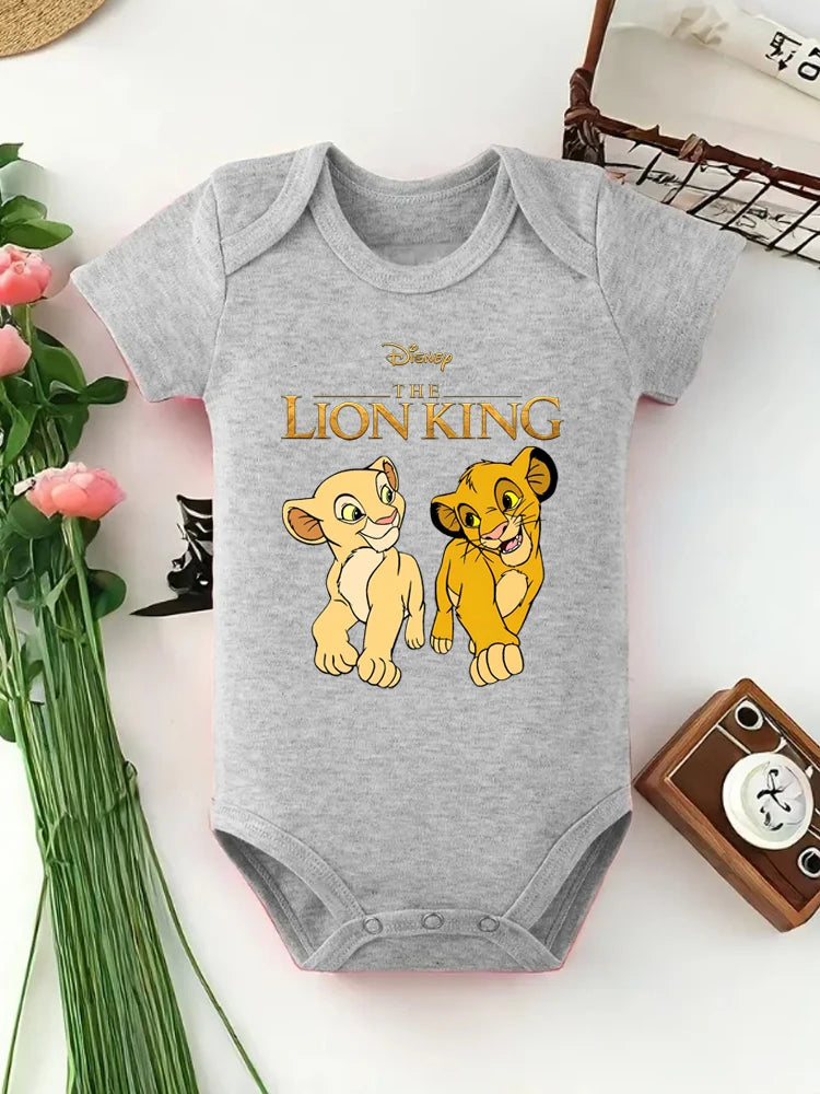 A gray baby bodysuit featuring a Disney The Lion King print of Simba and Nala.