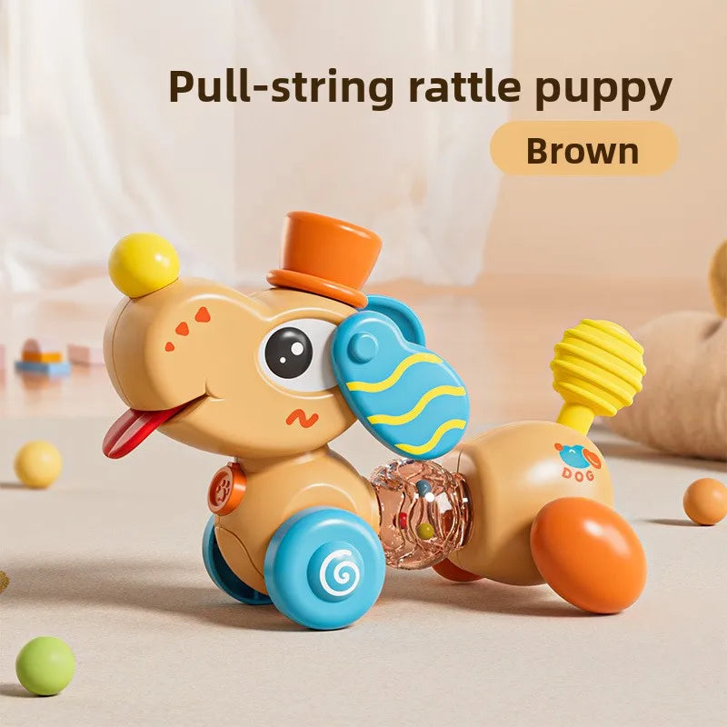Brown pull-string rattle puppy toy with yellow accents and a suction cup feature
