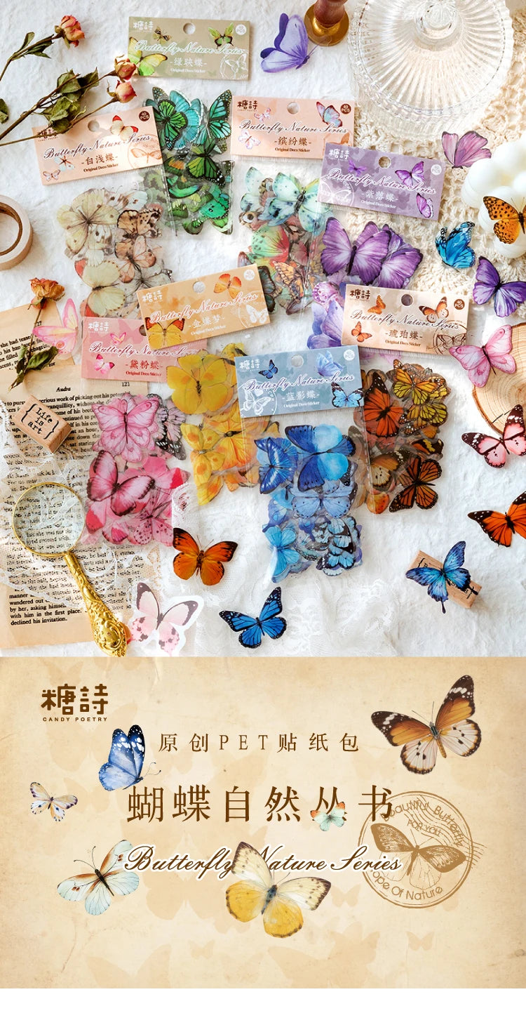 A collection of colorful butterfly stickers in various shades and patterns for scrapbooking and journaling.