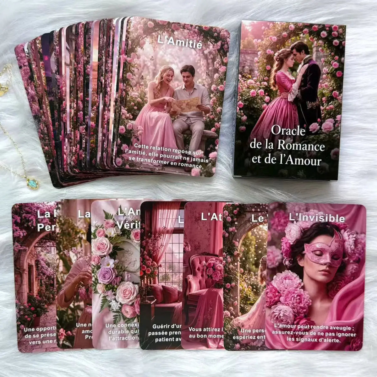 A collection of pink and purple oracle cards featuring romantic themes and imagery.
