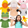 A set of soft plush animal hand puppets including a yellow duck, a white lamb, and a green frog, displayed next to a girl.