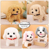 A collection of electric plush puppy toys showing different colors and poses, including a golden, cream, white, and gray pupp