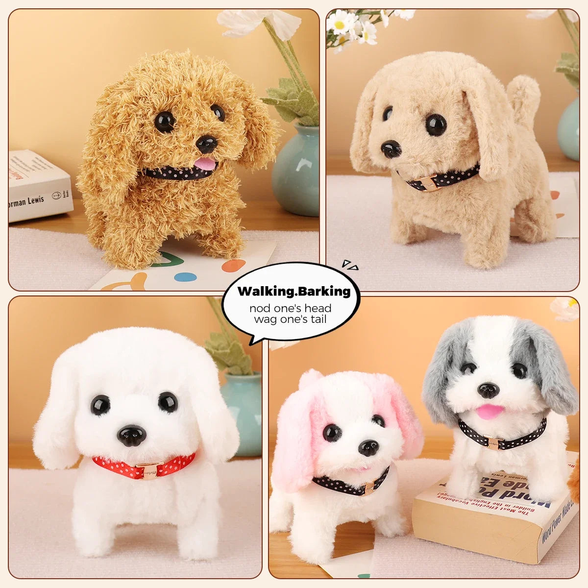 A collection of electric plush puppy toys showing different colors and poses, including a golden, cream, white, and gray pupp
