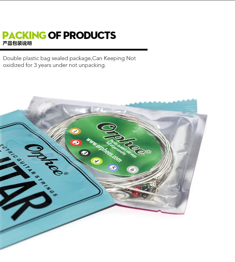 Packaging of Orphee RX Series electric guitar strings in a double plastic bag.