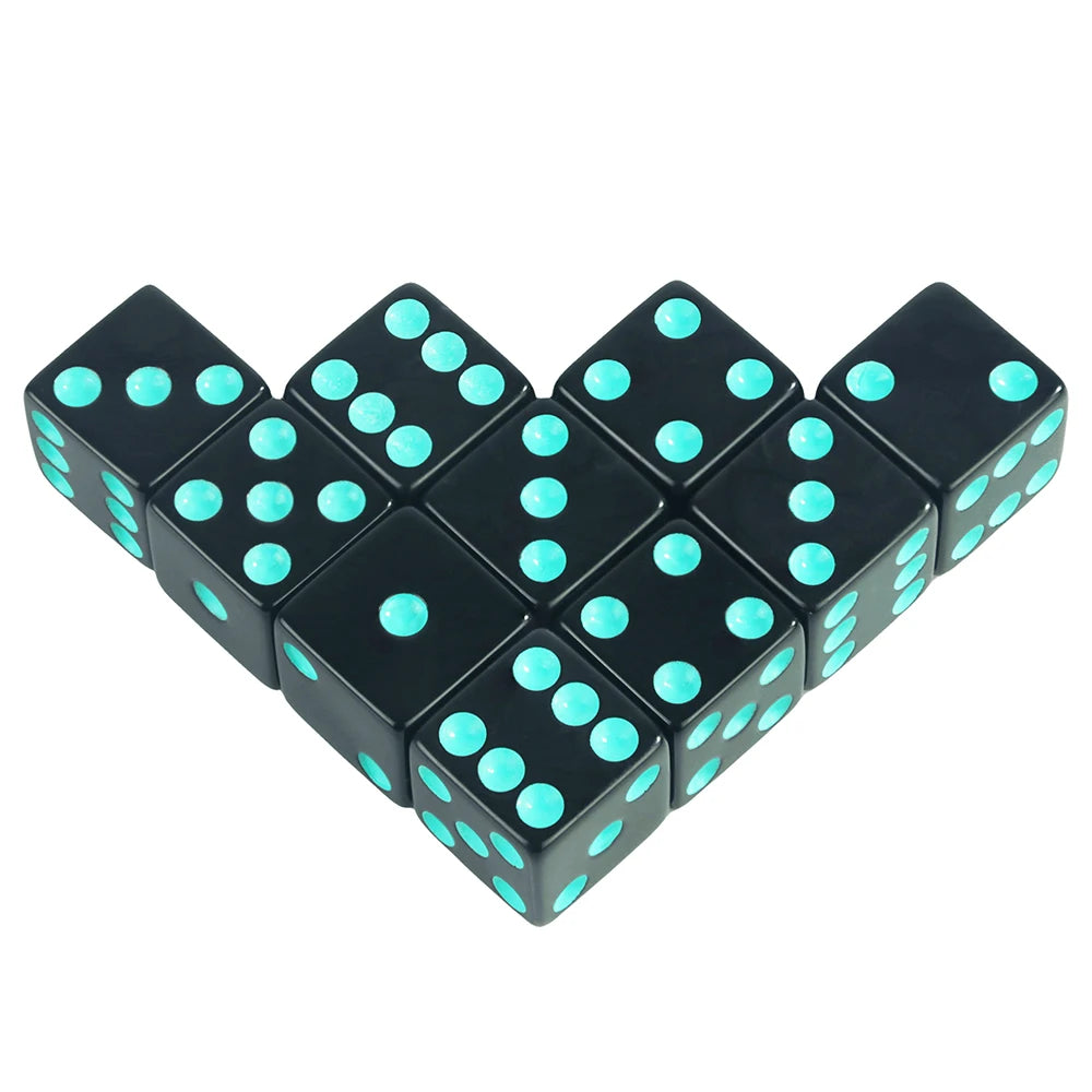 A set of ten black acrylic dice with vibrant teal dots, arranged in a pyramid formation.