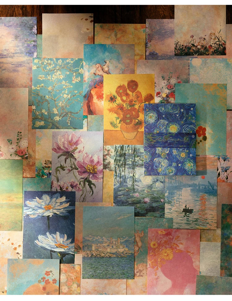 A collage of vintage scrapbook paper featuring floral and nature motifs in various shades of blue, yellow, pink, and green.