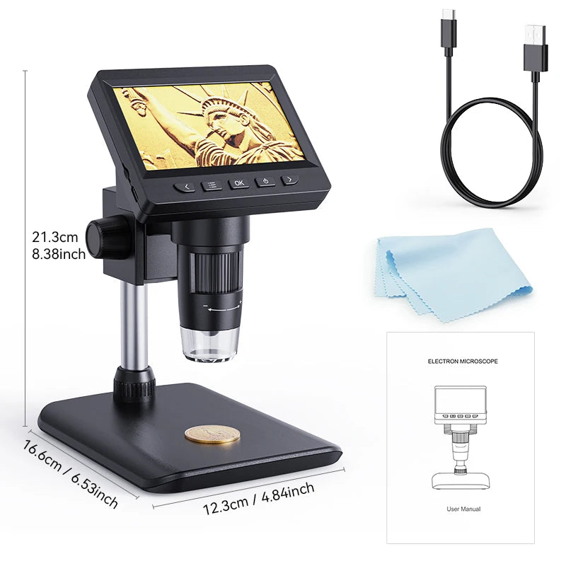 A portable digital microscope with a black base, adjustable stand, and a 21.3cm screen displaying an image.