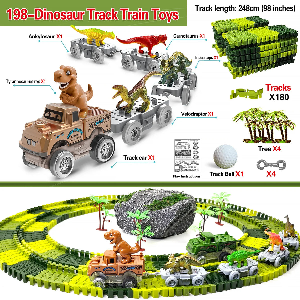 A set of dinosaur train tracks and vehicles built on a yellow base, featuring various dinosaurs and terrain.
