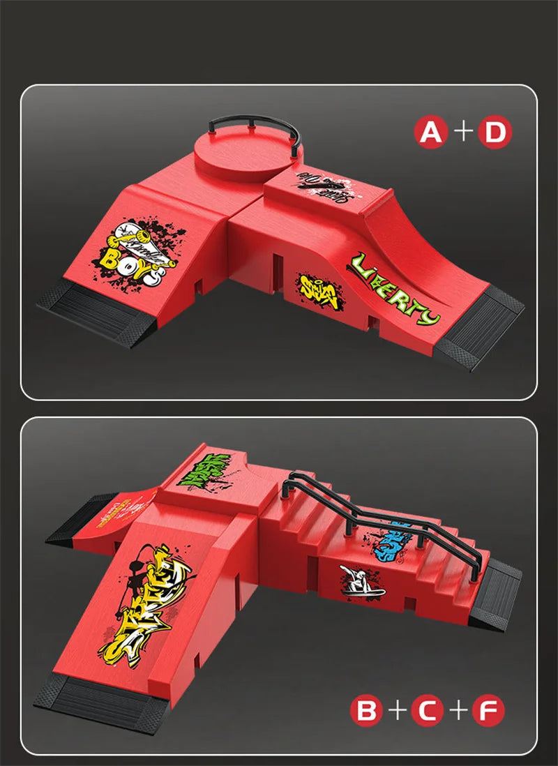 A red finger skateboard park set featuring ramps and rails with A+D, B+C+F, and C+F ratings.