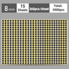 A sheet of round self-adhesive dot labels with a yellow and black pattern, showing 260 pieces per sheet.