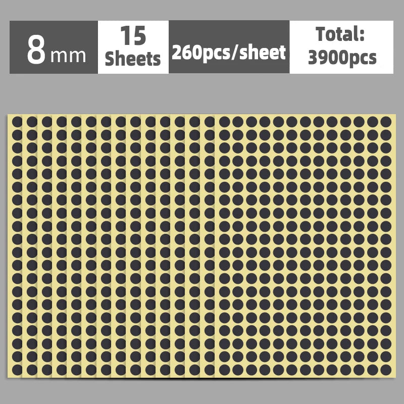 A sheet of round self-adhesive dot labels with a yellow and black pattern, showing 260 pieces per sheet.