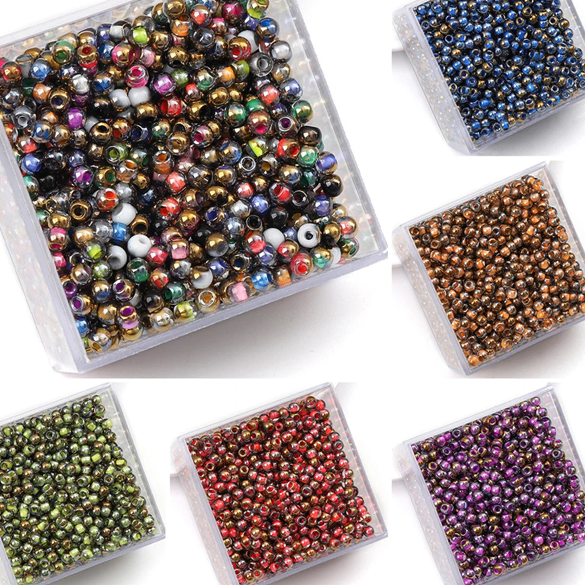 A collection of golden gradient glass beads in various colors and shades displayed in small plastic containers.