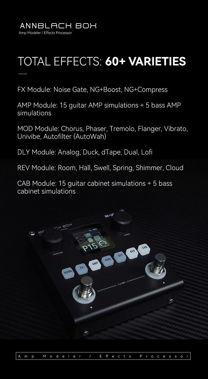 An Annblack Box multi-effects processor featuring various modules for guitar and bass simulations.