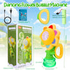 A yellow and green flower bubble machine with an LED light, along with its battery and accessories.