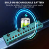 A teal guitar multi-effects pedal labeled Tank-G with a built-in rechargeable battery shown next to the device.